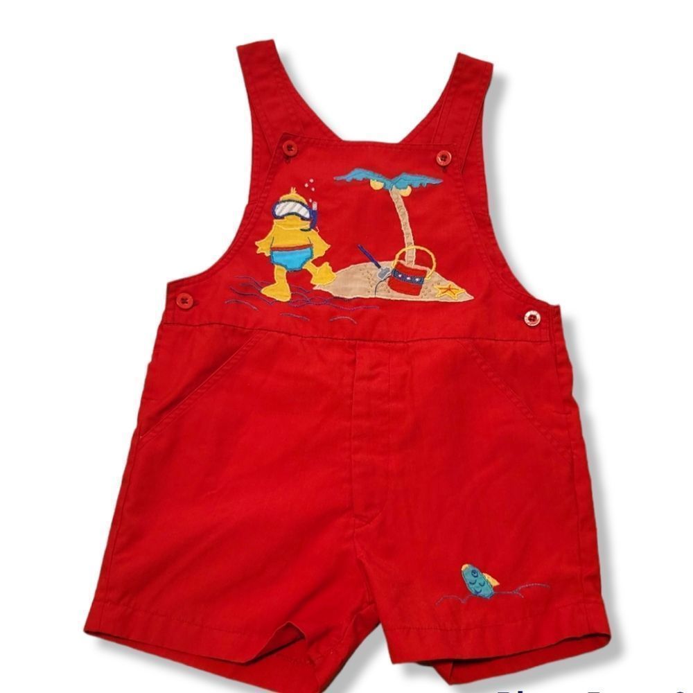Joyeux Gamins happy kids vintage beach lifeguard red shortalls